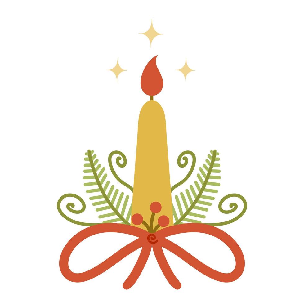 Christmas wax candle vector icon. Hand-drawn illustration isolated on white background. Burning candle with a bow, fir branches, holly berries. Festive decoration flat style. New Year color sketch