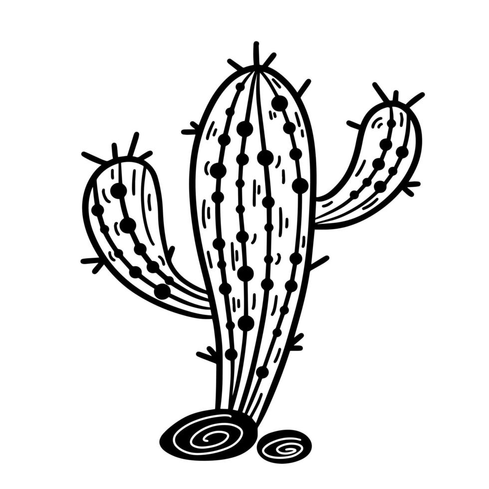 Cute cartoon cactus vector icon. Hand-drawn illustration isolated on white background. Engraving of an exotic thorny plant. Wild succulent among the stones. Monochrome sketch of prickly pear.