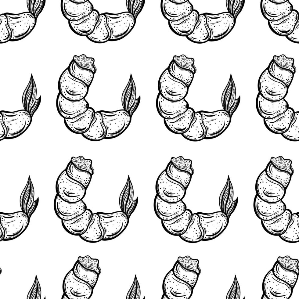 Fresh shrimps seamless vector pattern. Hand-drawn illustration. Peeled seafood delicacies. Prawn engraving. Sketch of crustaceans. Monochrome background for decoration, menu design, cafe, bar