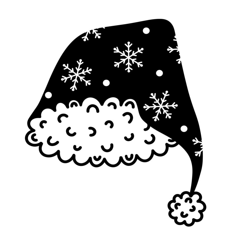 Christmas cap vector icon. Hand-drawn illustration isolated on white background. Cartoon Santa Claus hat decorated with snowflakes, white fur, pompom. A sketch of a festive headdress. Monochrome.