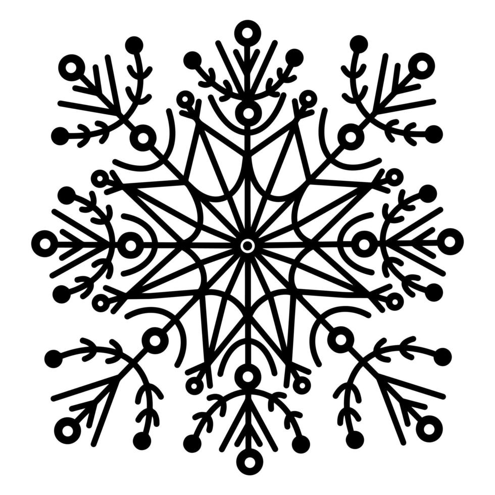 Snowflake vector icon. Hand-drawn illustration isolated on white background. Winter element with smooth edges, ornaments, decorations. Weather sketch. Christmas concept, engraving.