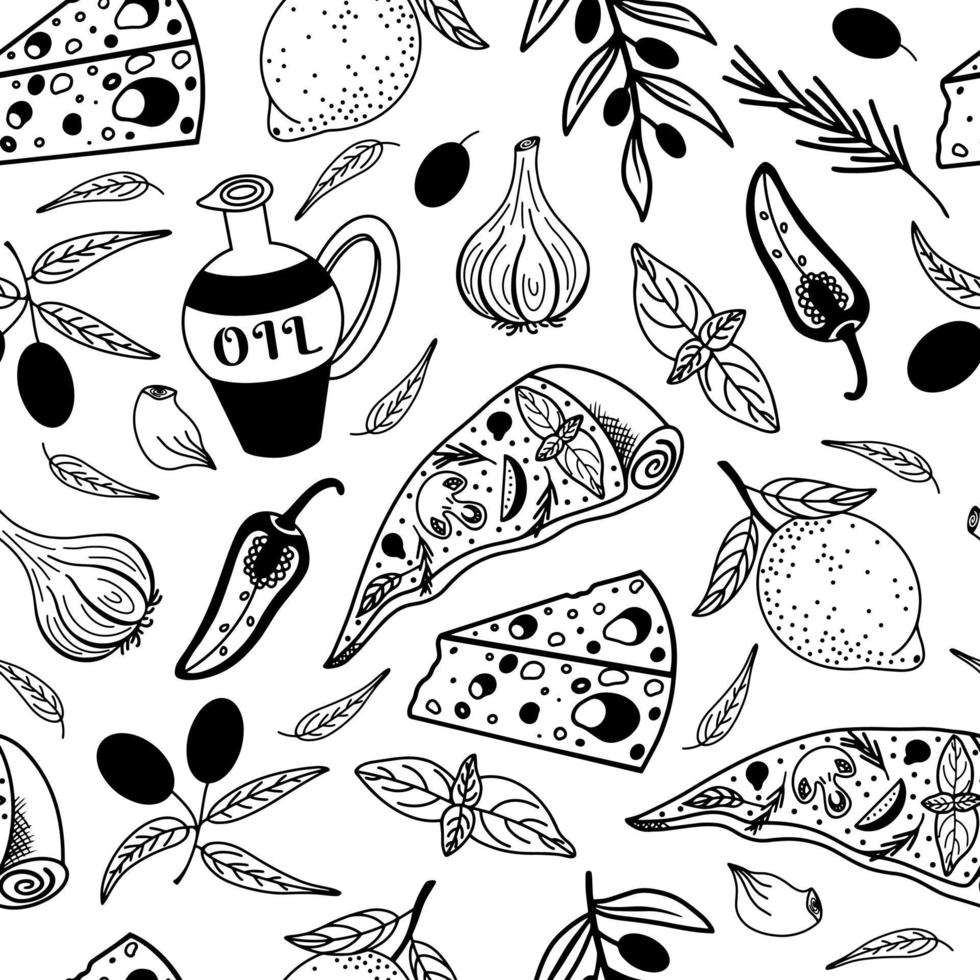 Mediterranean food seamless vector pattern. Hand-drawn natural products on a white background. Fresh ingredients - olive oil, cheese, garlic, basil. Monochrome sketch. Healthy food concept.