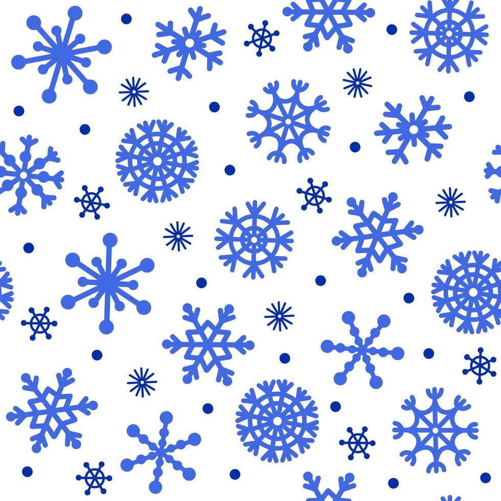 Snowfall seamless vector pattern. Hand-drawn blue snowflakes on a white background. Sketch of ice crystals, blizzard. Festive concept for decoration, design of cards, wrapping paper, printing