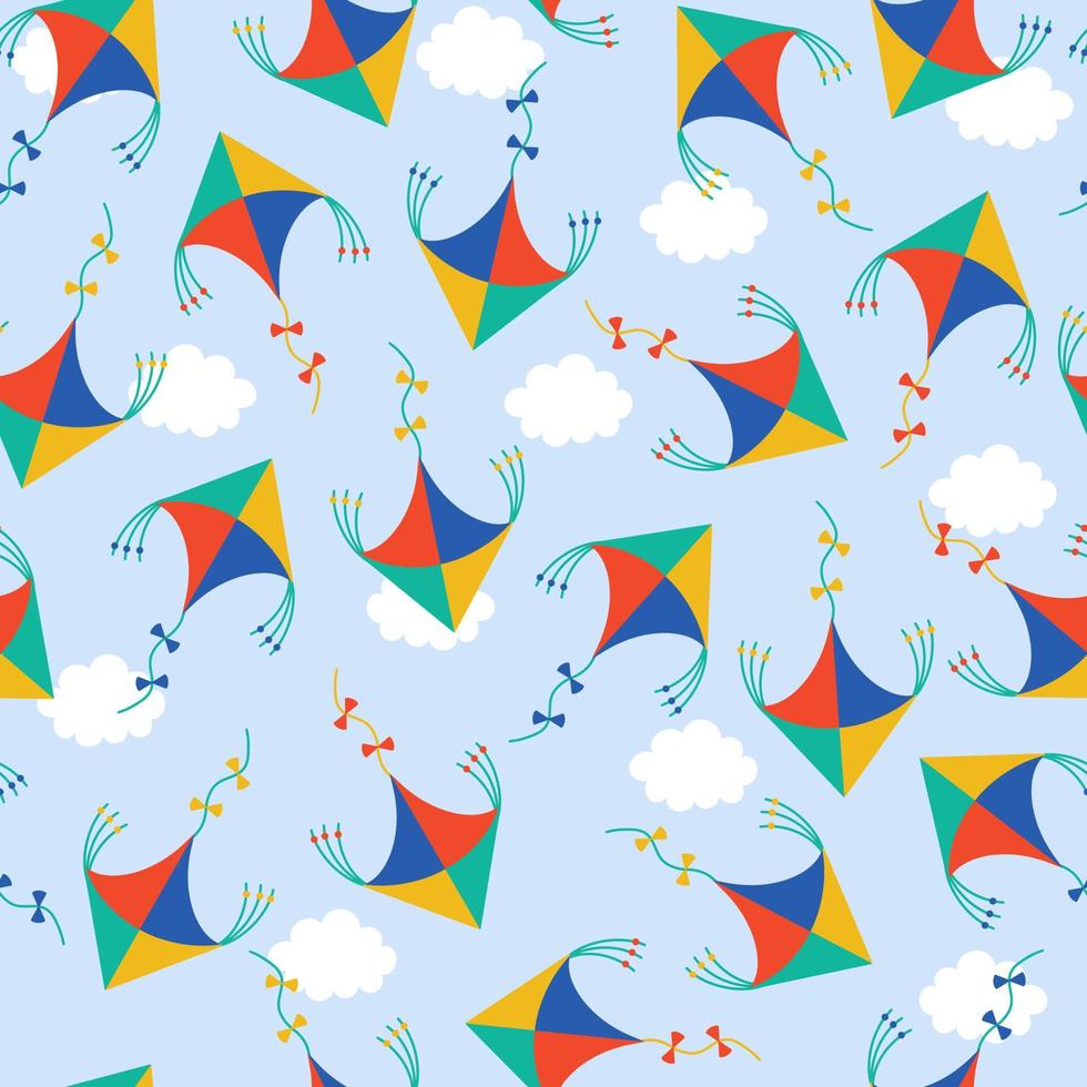 Kites seamless vector pattern. Hand-drawn illustration. A paper rhombic baby toy flies in the air among the clouds. Bright cartoon elements, flat style. Background for decoration, design.