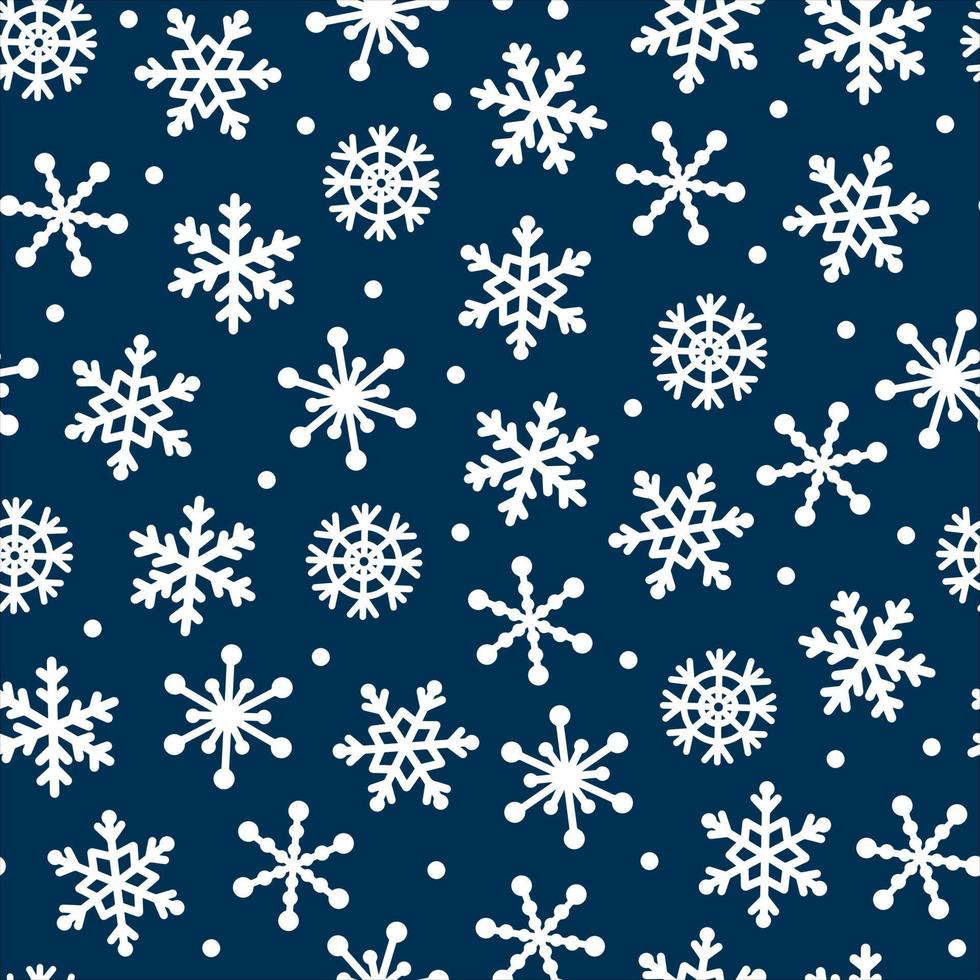 Snowfall seamless vector pattern. Hand-drawn white snowflakes on a blue background. Sketch of ice crystals, blizzard. Festive template for decoration, design of cards, wrapping paper, printing, fabric