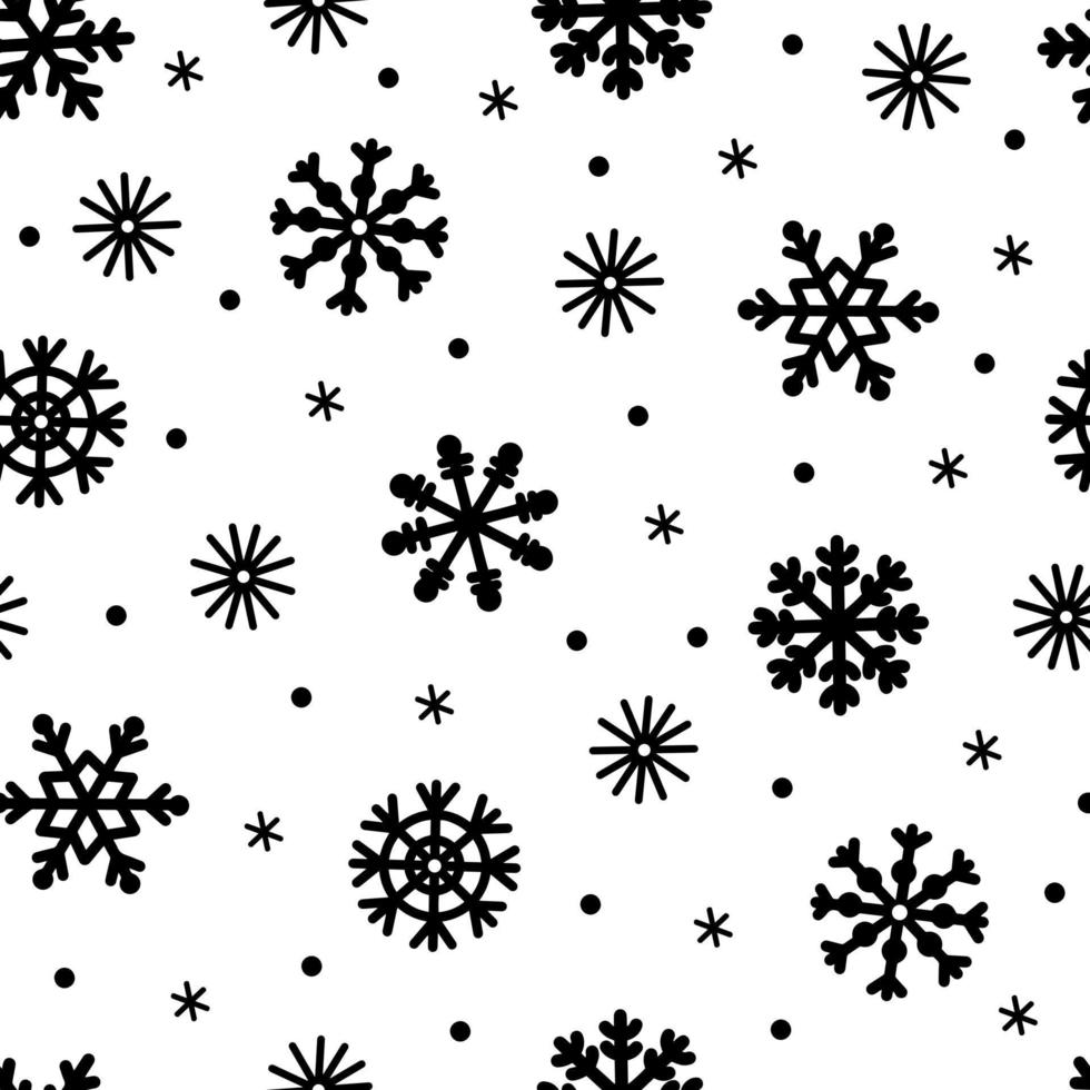 patrón de vector transparente de copos de nieve. fondo dibujado a mano. elegantes cristales de hielo negros sobre un fondo blanco. concepto de nevadas, ventisca. plantilla festiva para decoración, diseño textil, impresión