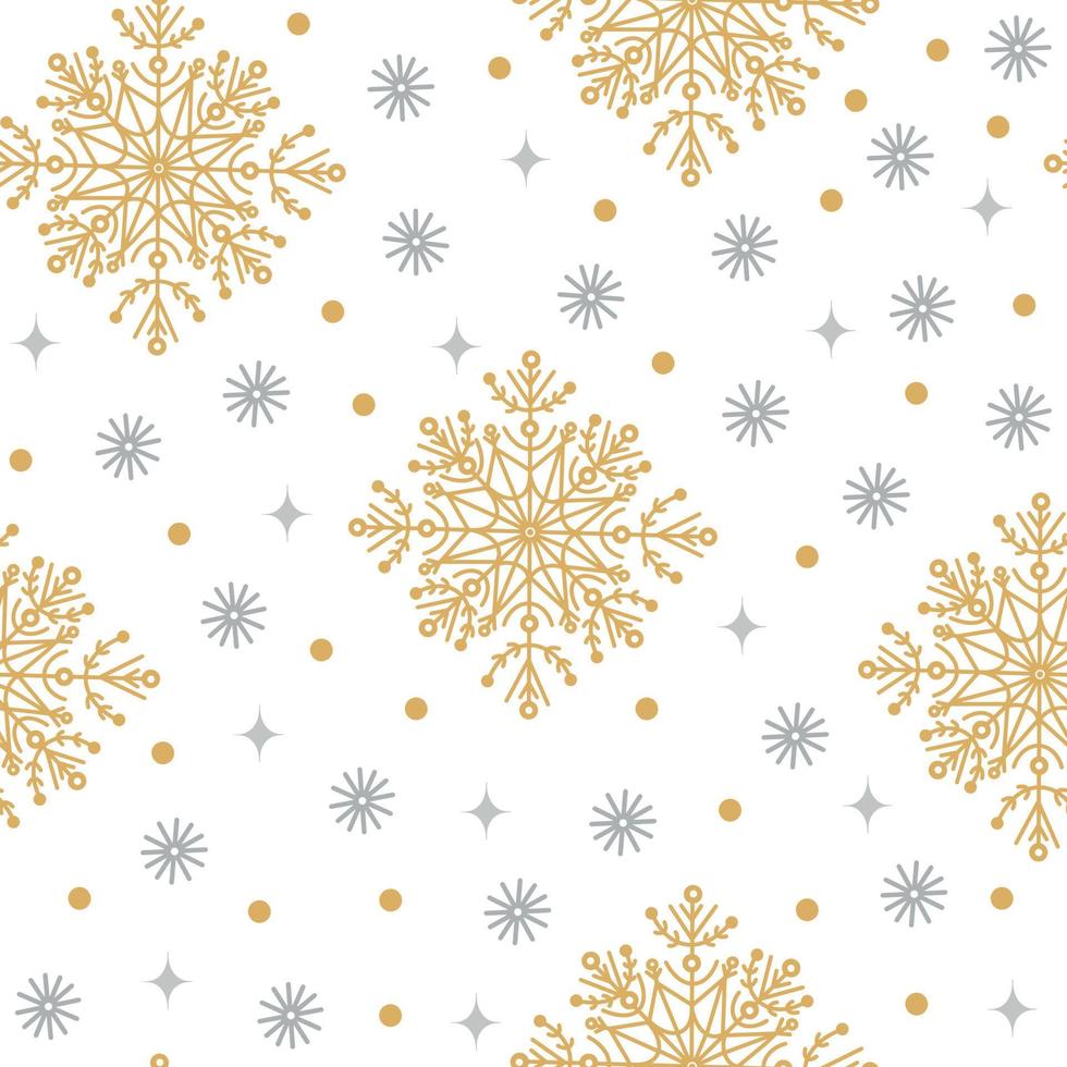 Gold, silver snowflakes seamless vector pattern. Hand-drawn seasonal backdrop. Graceful ice crystals, blizzard. Cozy Christmas background. Festive concept for decoration, design of cards, textiles.