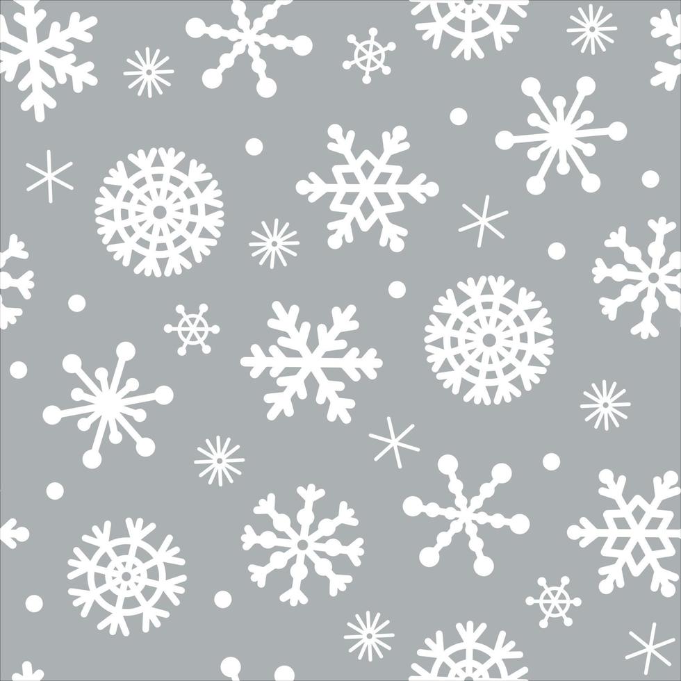 patrón de vector transparente de nevadas. ilustración dibujada a mano. copos de nieve elegantes blancos sobre un fondo plateado. hermosos cristales de hielo, ventisca. telón de fondo festivo para decoración, diseño textil, impresión.