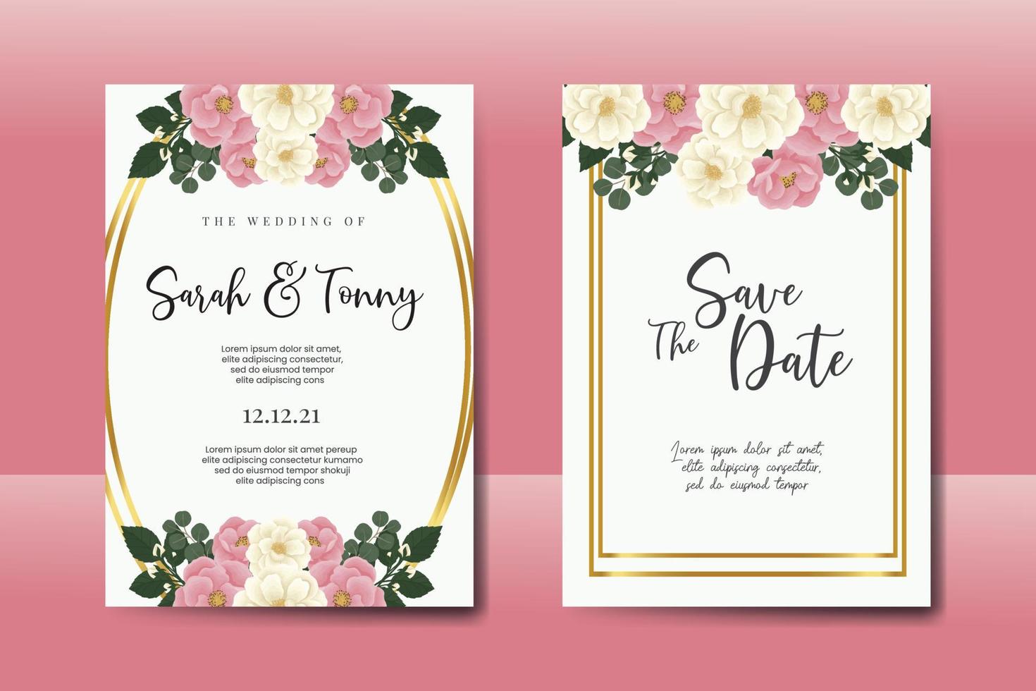 Conjunto de marco de invitación de boda, plantilla de tarjeta de invitación de diseño de flor rosa mini rosa dibujado a mano digital acuarela floral vector