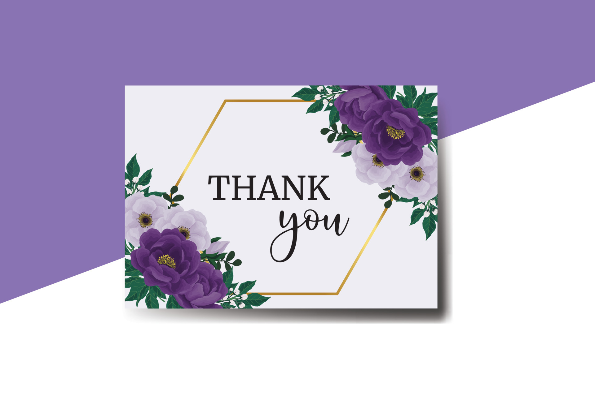 Thank you card Greeting Purple Peony Rose Flower Design Template