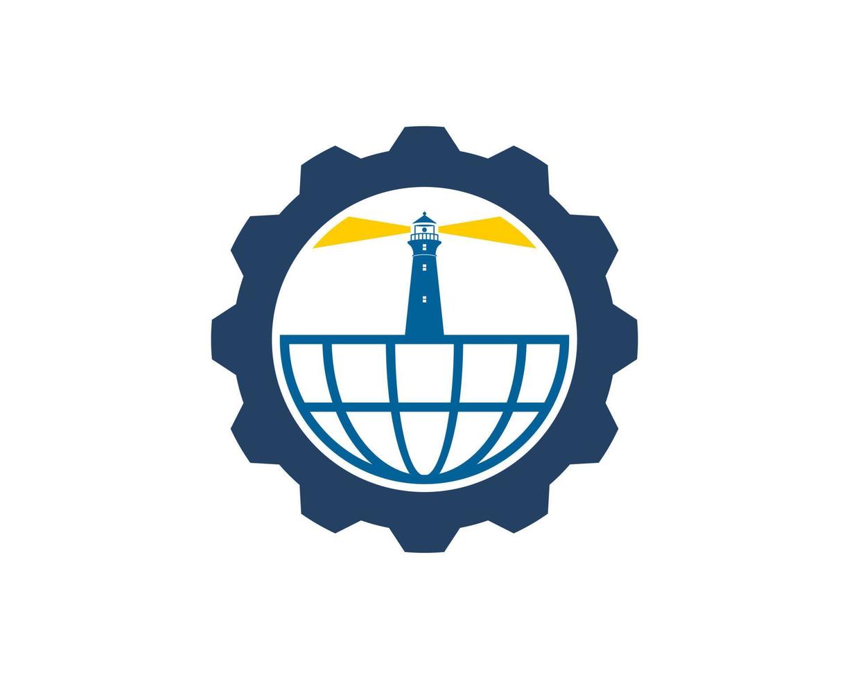 Gear with abstract globe and lighthouse inside vector