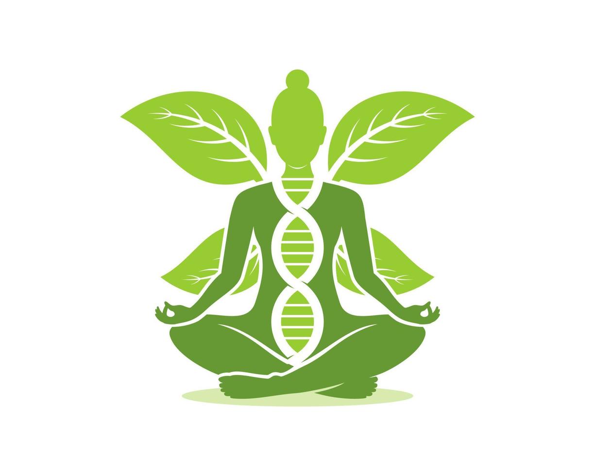 mujer meditando con alas de hoja verde vector
