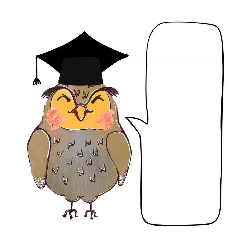 Vector colorful illustration of cute owl in graduate cap and speach buble