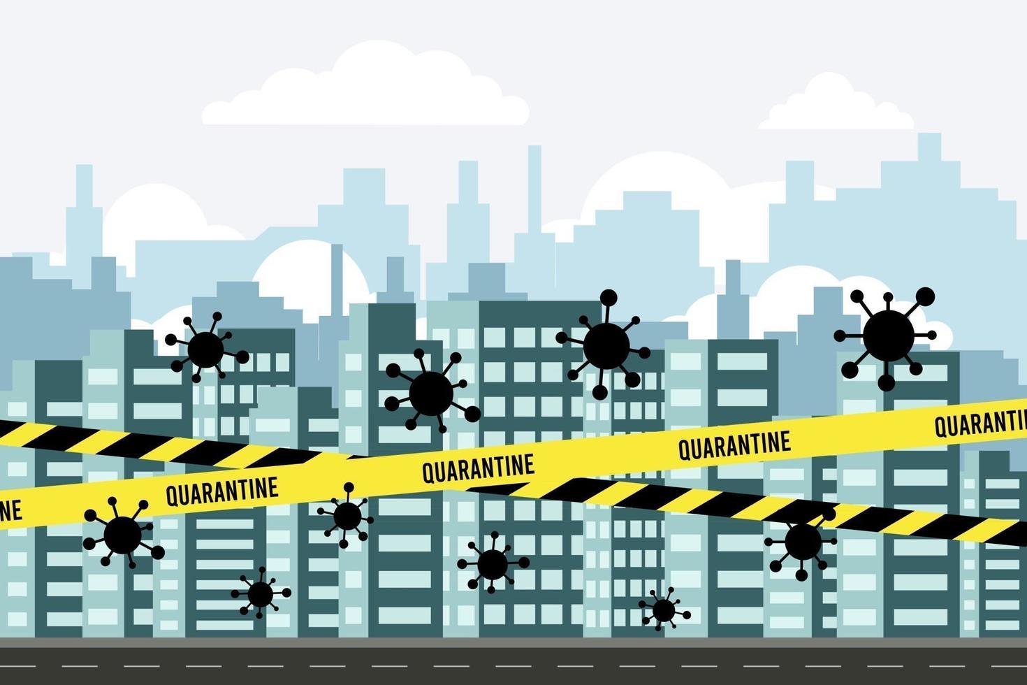 Modern city on the quarantine. Coronavirus concept. Downtown. Panorama architecture. Urban, skyscraper, downtown, epidemic. Ribbon banner with warning tape. vector
