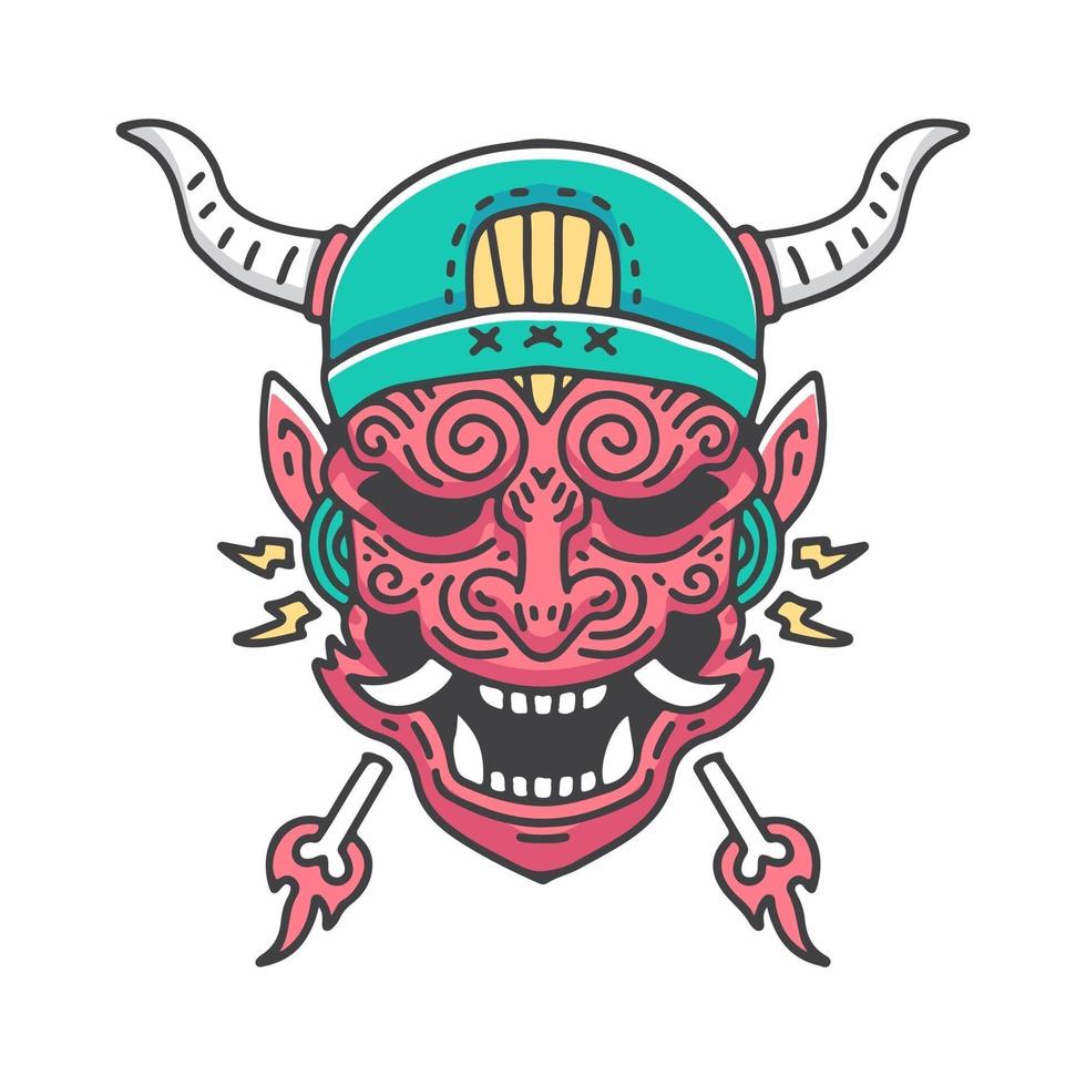 Japanese devil wearing beanie hat illustration. Vector graphics for t shirt prints and other uses.