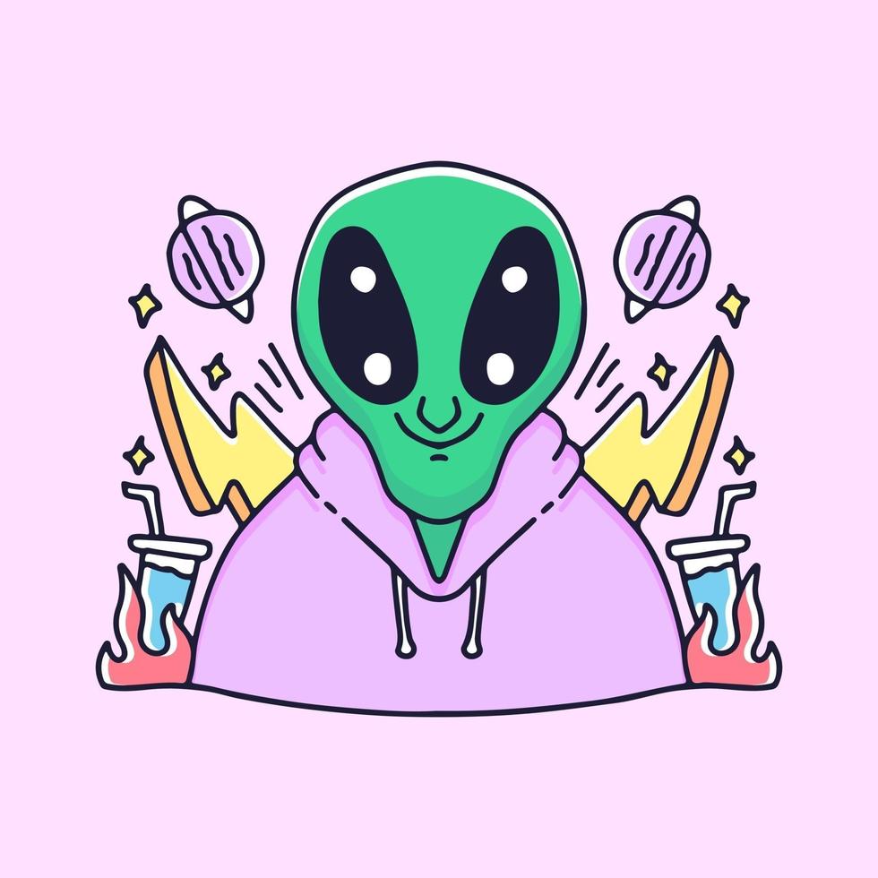 Alien in sweater with bolt and planet illustration. Vector graphics for t-shirt prints and other uses.