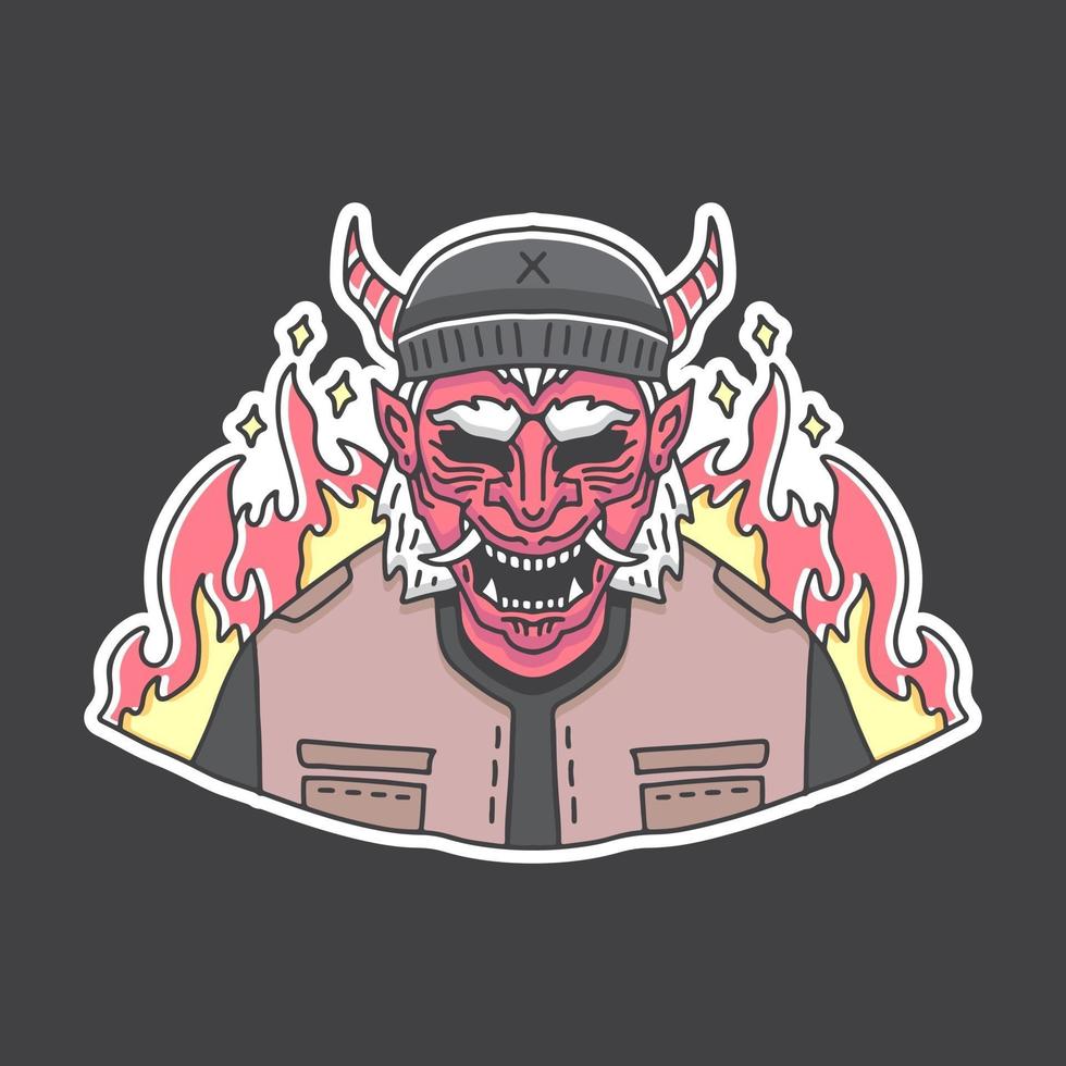 Retro Japanese devil in fire illustration. Vector graphics for t-shirt prints and other uses.