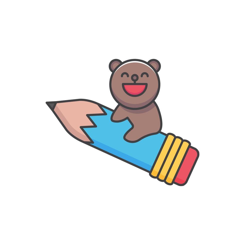 cartoon funny baby bear riding a flying pencil. illustration for t shirt, poster, logo, sticker, or apparel merchandise. vector