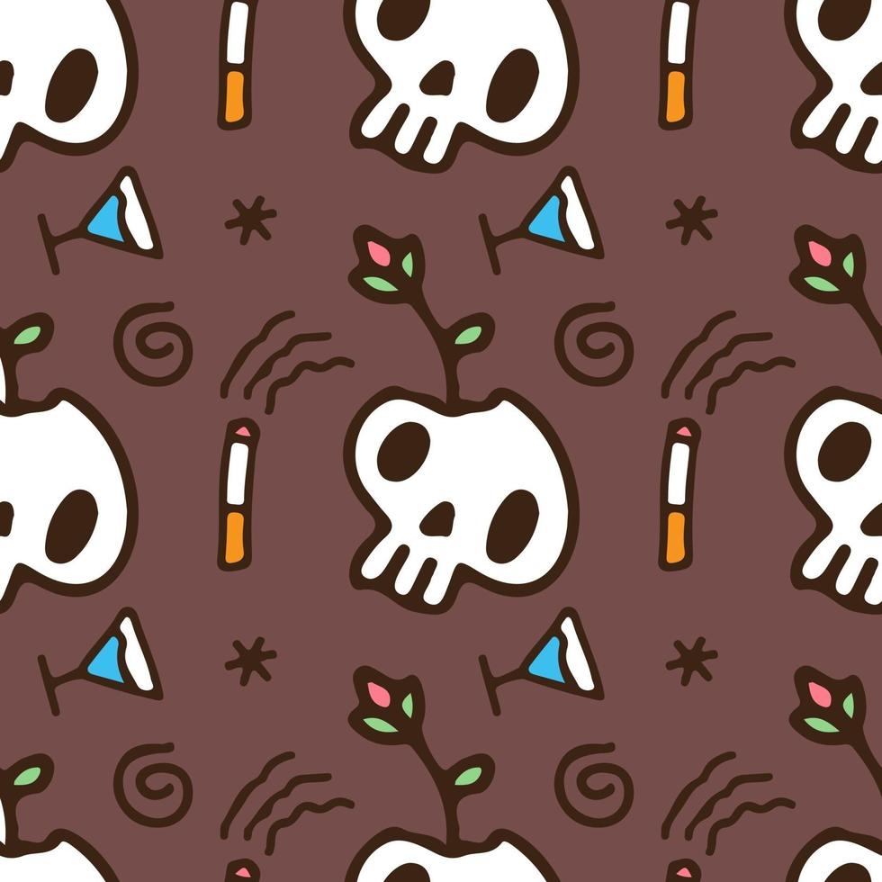 Seamless background with cute skulls, cigarette, and drink. Design for fabric, wallpaper, napkins, textiles, packaging, backgrounds. vintage style. vector