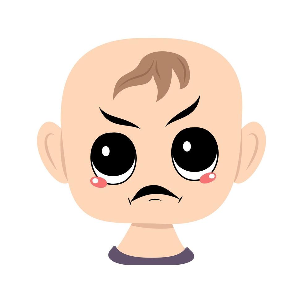 Child with angry emotions, grumpy face, furious eyes. Head of cute baby with furious expression vector