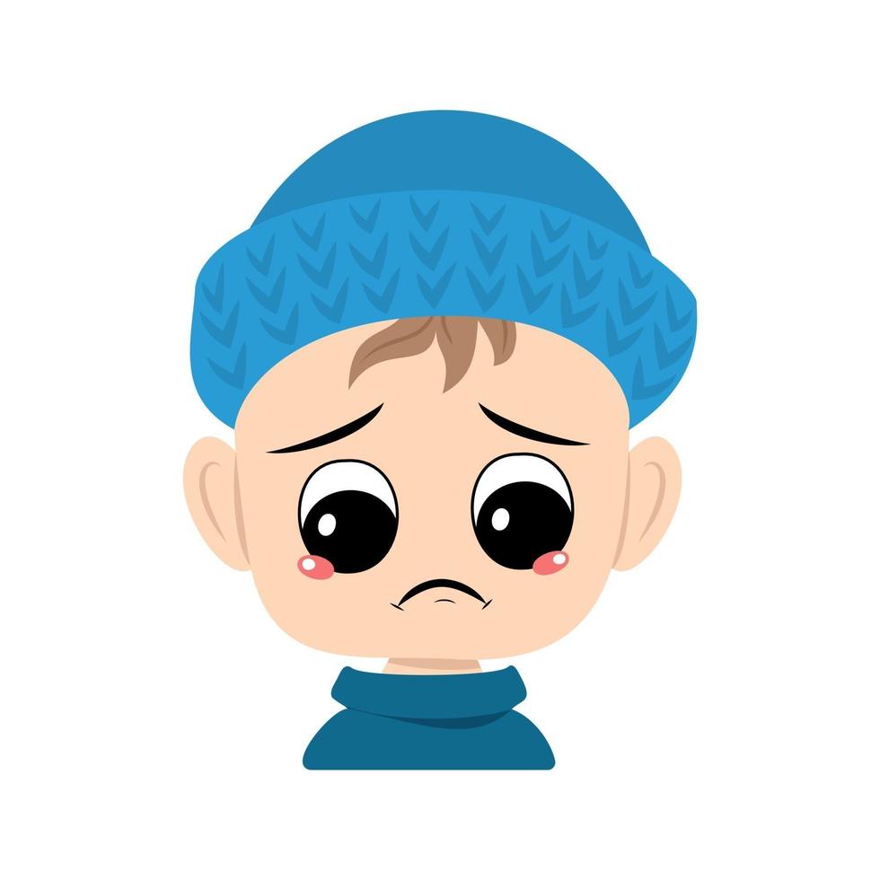 Boy with crying and tears emotion, sad face, depressive eyes in blue knitted hat. Cute kid with melancholy expression in autumnal or winter headdress. Head of adorable toddler vector