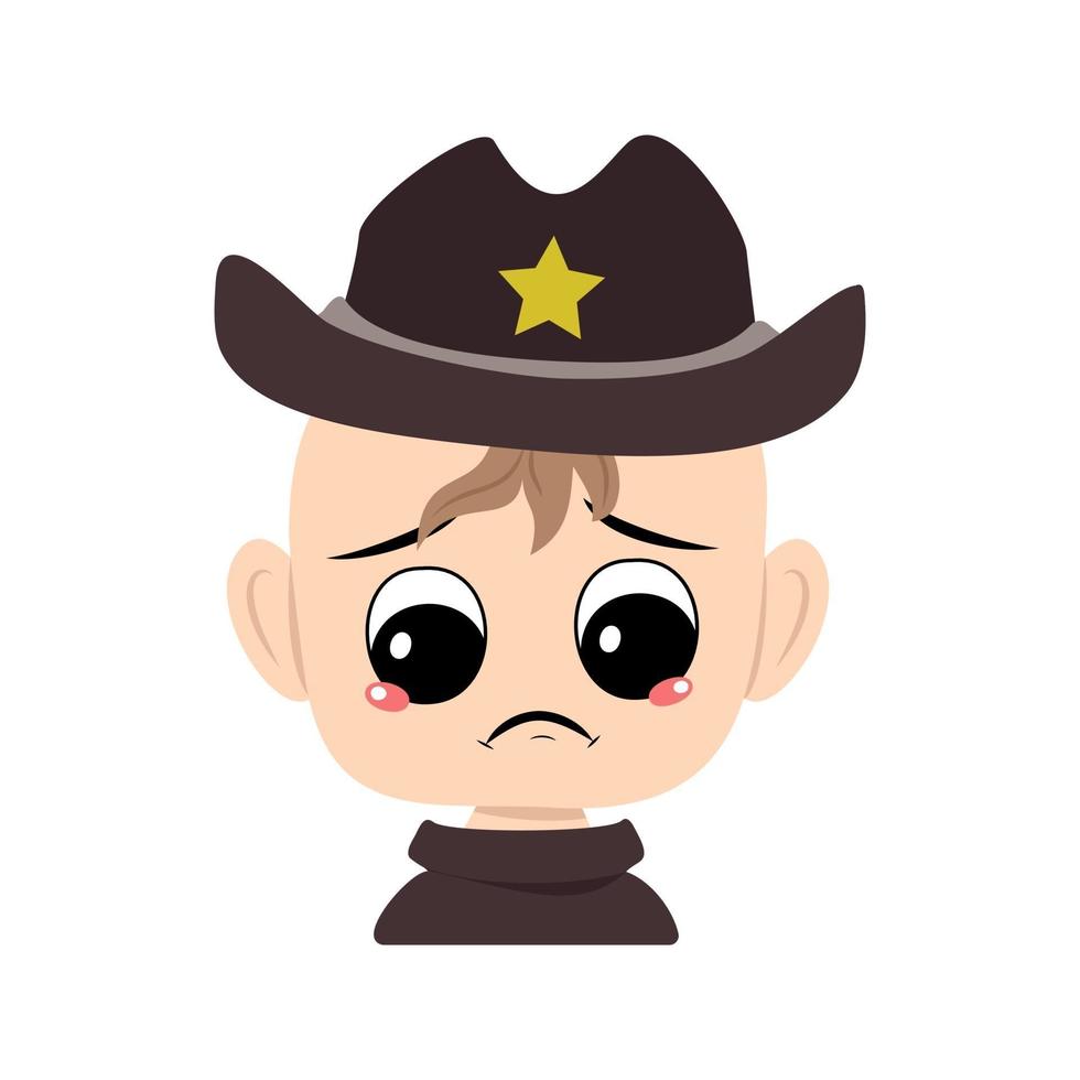 Boy with crying and tears emotion, sad face, depressive eyes in sheriff hat with yellow star. Head of cute child with melancholy expression in carnival costume for the holiday vector