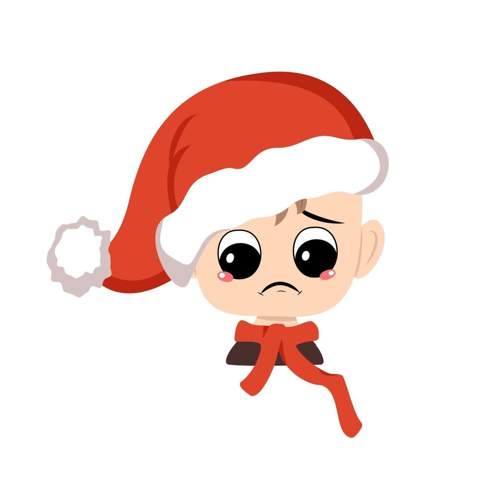 Boy with crying and tears emotion, sad face, depressive eyes in red Santa hat. Cute kid with melancholy expression in carnival costume for New Year, Christmas and holiday. Head of adorable child vector