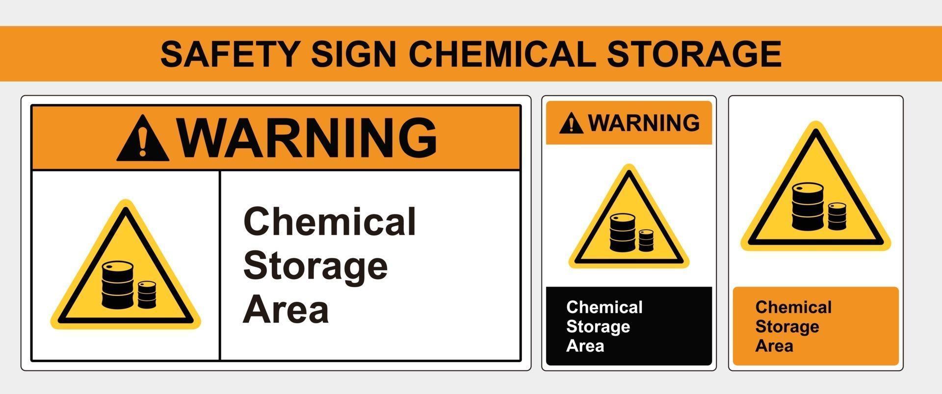 área de almacenamiento de productos químicos de señales de seguridad, formas de paisaje y retrato de señales, formatos estándar ansi y osha. vector