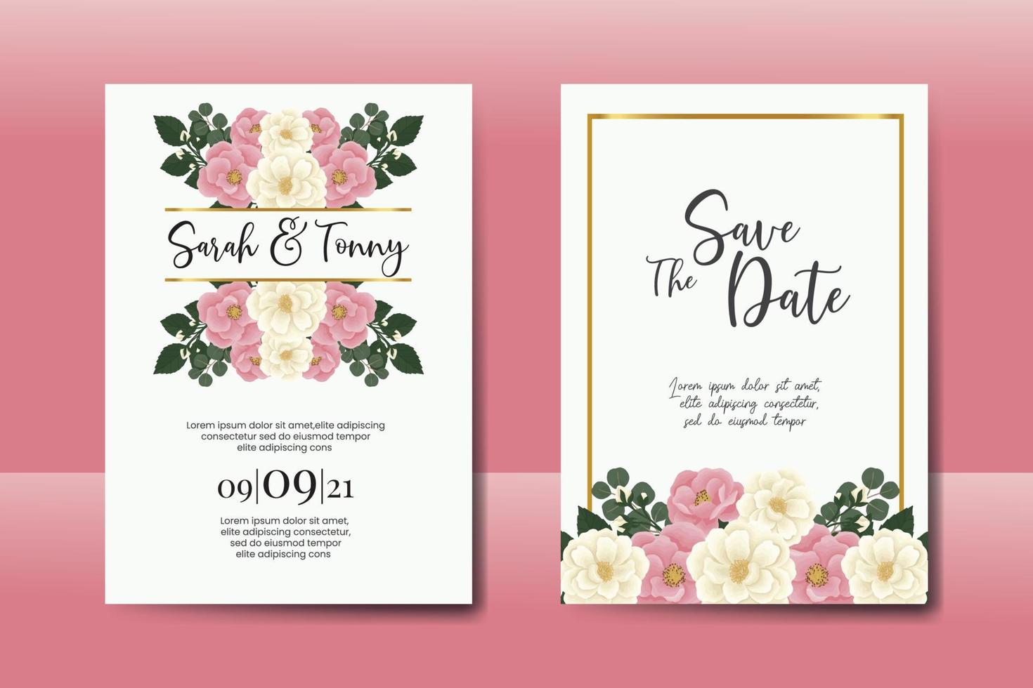 Wedding invitation frame set, floral watercolor Digital hand drawn Pink Mini Rose flower design Invitation Card Template vector