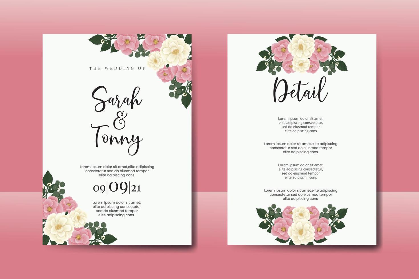 Conjunto de marco de invitación de boda, plantilla de tarjeta de invitación de diseño de flor rosa mini rosa dibujado a mano digital acuarela floral vector