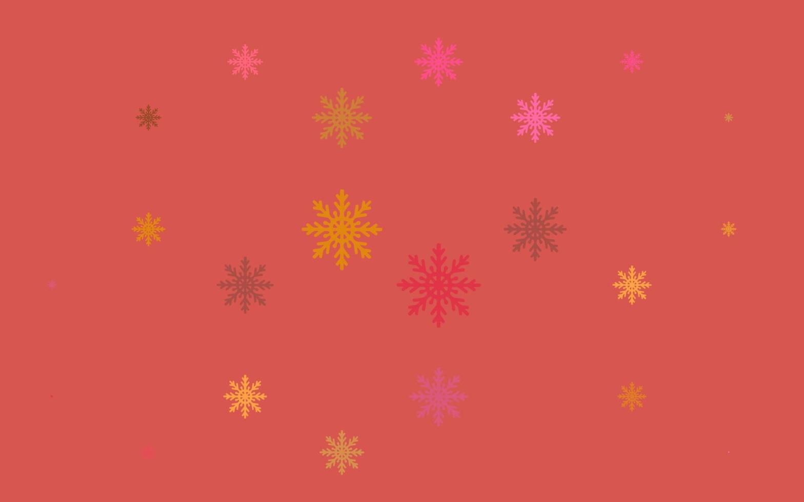 Fondo de vector rojo, amarillo claro con copos de nieve de Navidad.