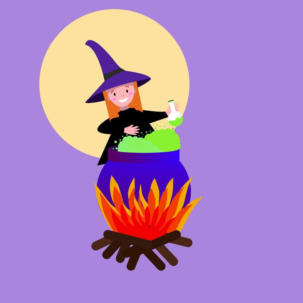 Happy Halloween. A girl in a witch costume is cooking a potion in a cauldron. The hat on his head. Vector illustration. The cauldron is on fire.