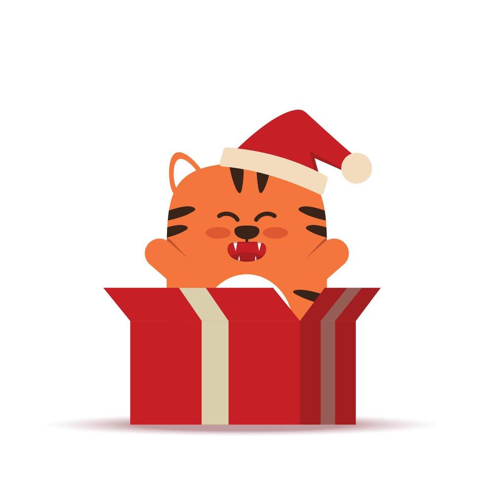 Cute little orange tiger cat in a flat style. The symbol of the Chinese New Year 2022. Animal with a Christmas cap in a gift box. For banner, nursery decor. Vector illustration.