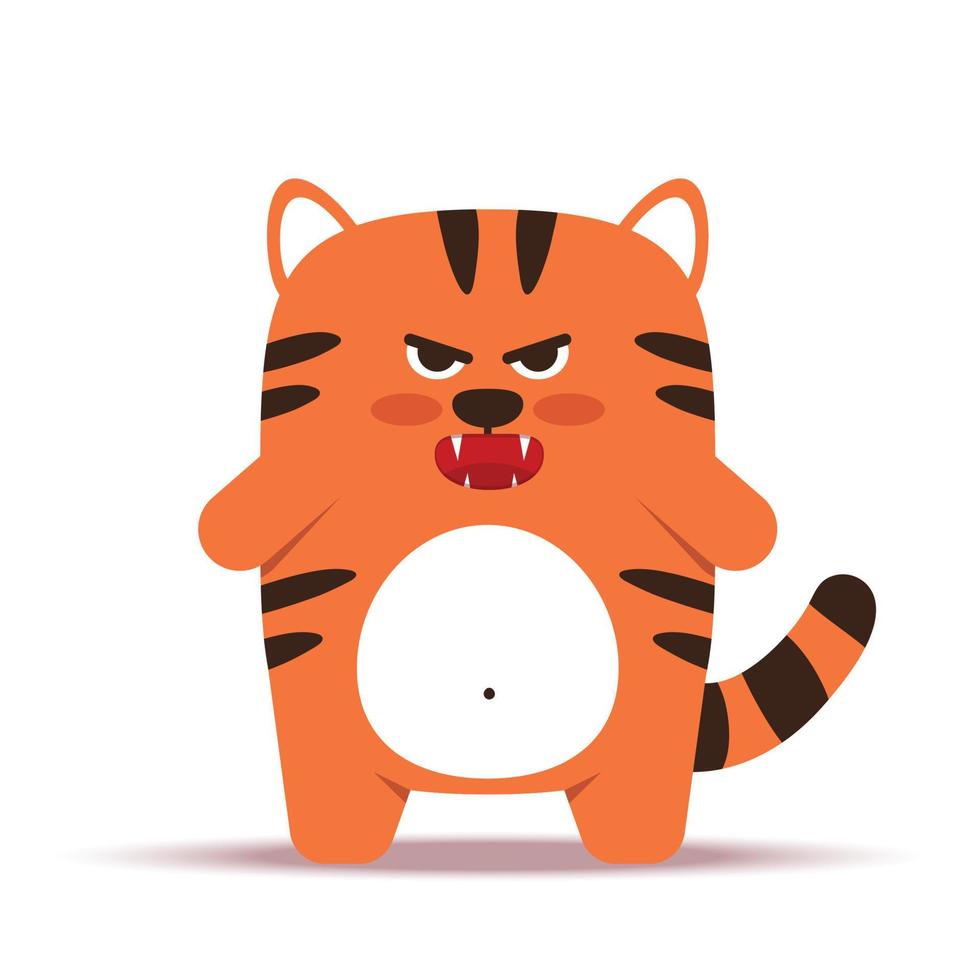 Cute little orange tiger cat in a flat style. Animal symbol for Chinese New Year 2022. An angry sullen tiger standing. For banner, nursery decor. Vector illustration.
