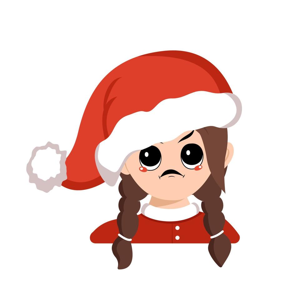 Girl with big eyes and angry emotions, grumpy face, furious eyes in red Santa hat. Cute child with furious expression in carnival costume for holiday, New Year and Christmas. Head of adorable kid vector