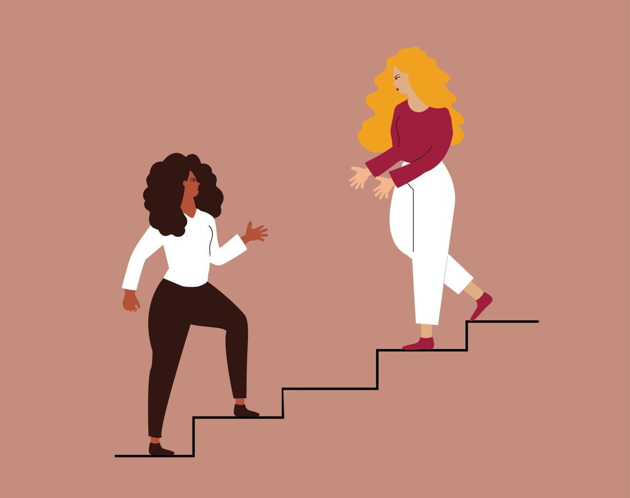 La mujer apoya a su compañero de trabajo para ascender en la carrera profesional. dos mujeres se levantan juntas en las escaleras y se ayudan. mujer extiende una mano amiga a su mejor amiga. concepto de empoderamiento de la mujer. vector. vector