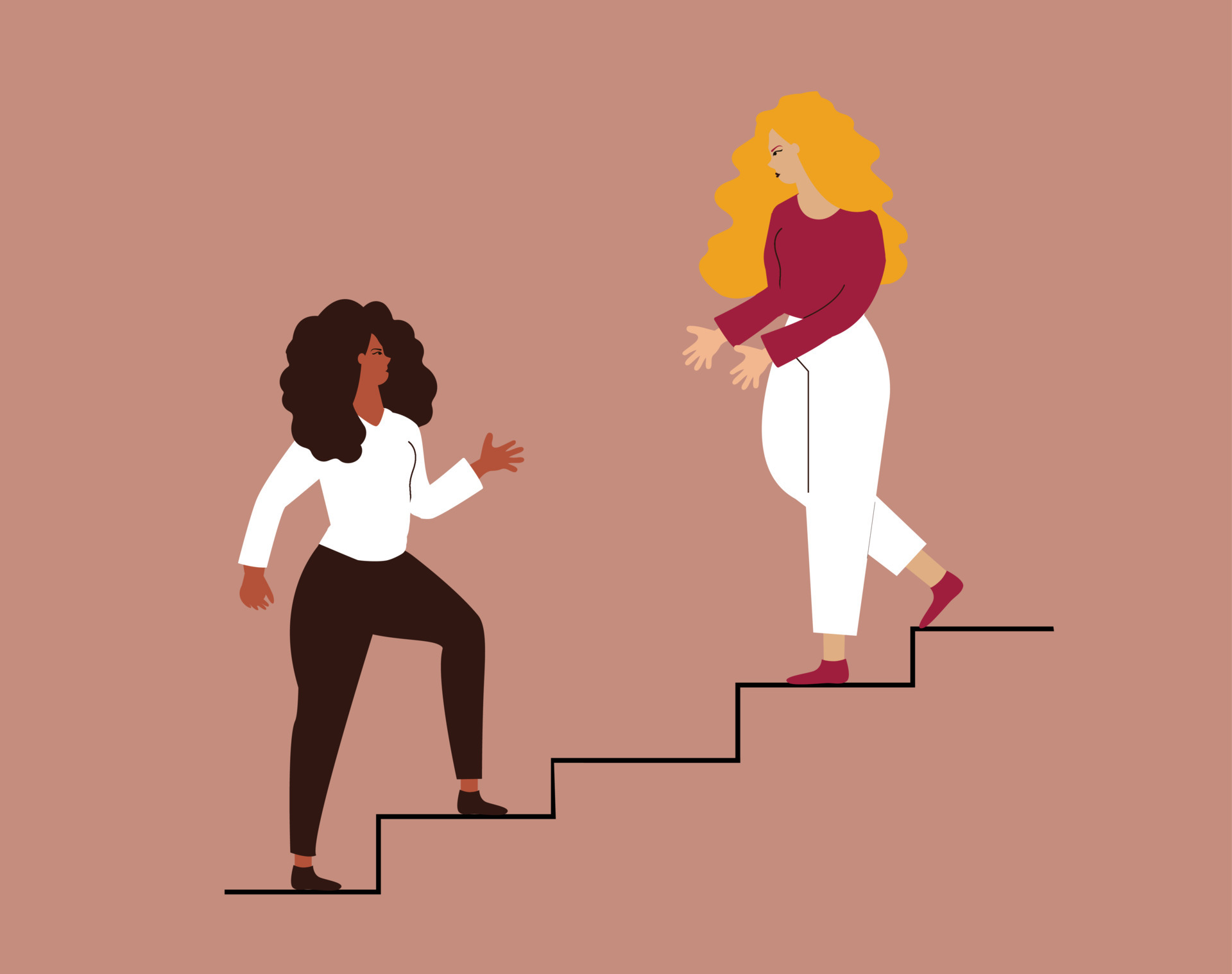 Woman supports her workmate to climb career ladder. Two women rise up together on the stairs and help each other. Woman extends a helping hand to her best friend. Concept of women Woman supports her workmate to climb career ladder. Two women rise up together on the stairs and help each other. Woman extends a helping hand to her best friend. Concept of women