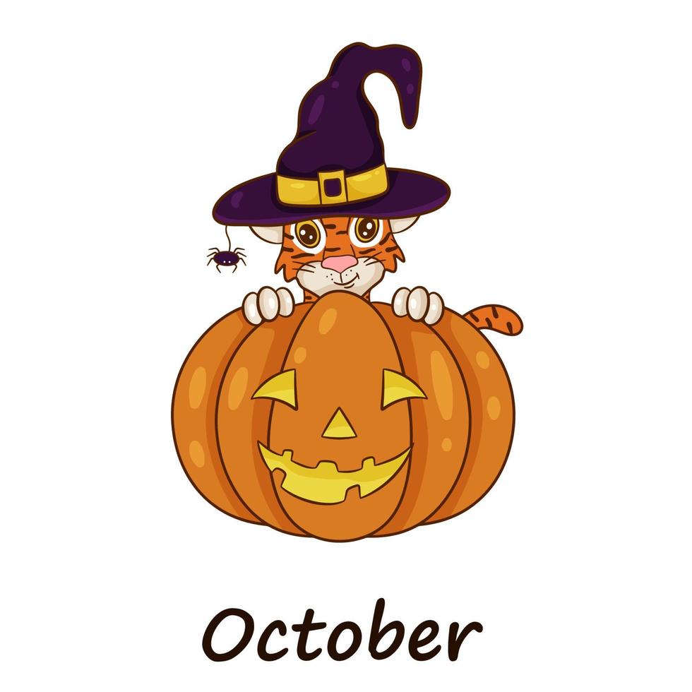 Tiger is symbol of the Chinese new year, with the inscription October. In  witch's hat with  pumpkin for Halloween. Perfect for creating  calendar. Vector illustration  cartoon style