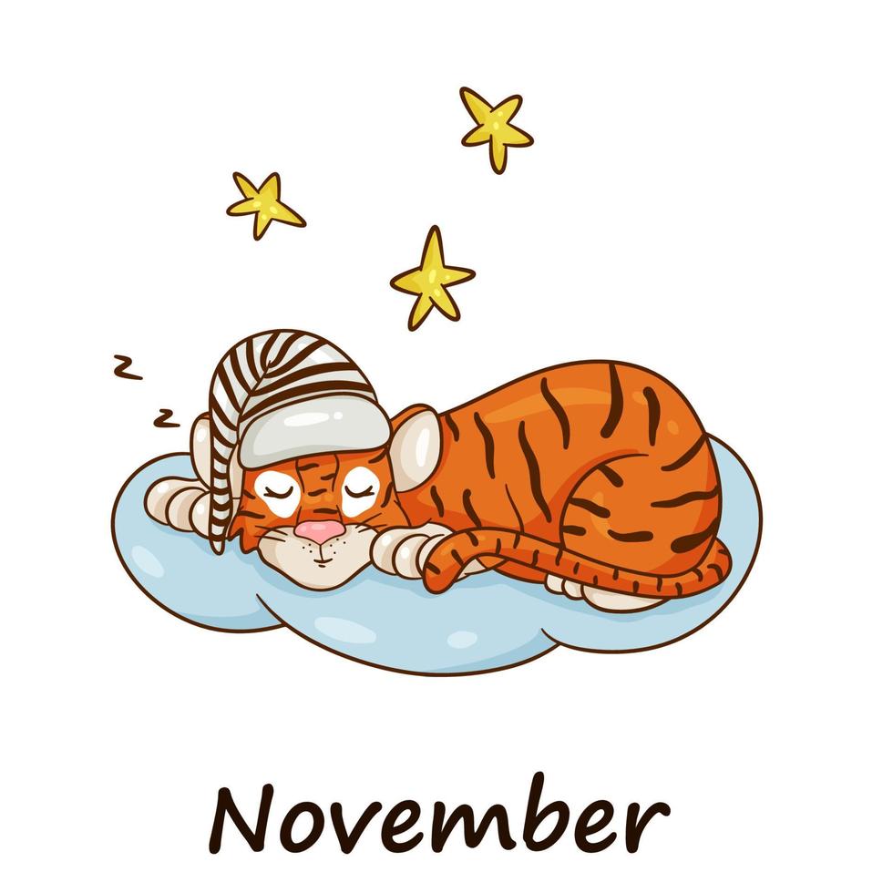 Tiger is symbol of the Chinese new year, with the inscription November. Sleeping on a cloud among the stars. Perfect for creating calendar. Vector illustration  cartoon style