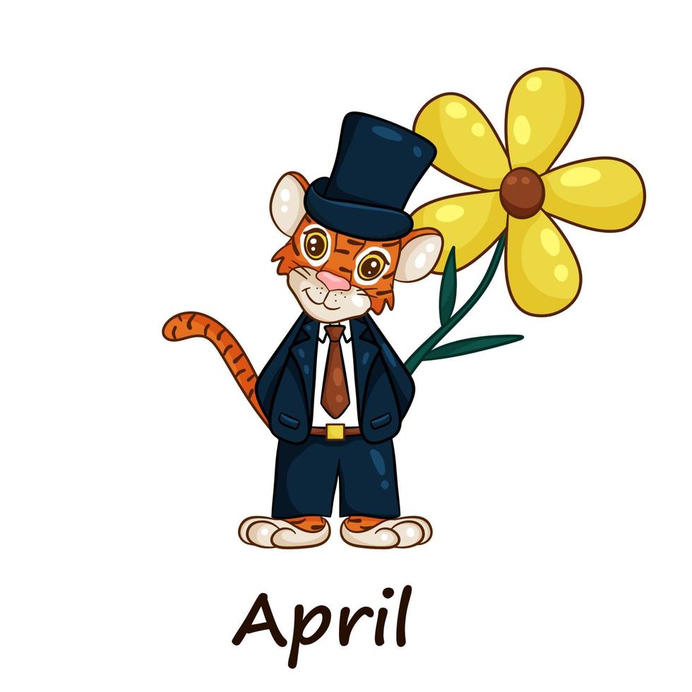 Tiger is symbol of the Chinese new year, with the inscription April. In suit and top hat with big yellow flower. Perfect for creating calendar. Vector illustration  cartoon style