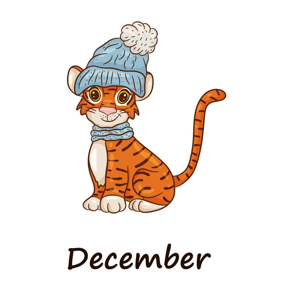 Tiger is symbol of the Chinese new year, with the inscription December. In  warm blue hat. Perfect for creating calendar. Vector illustration  cartoon style