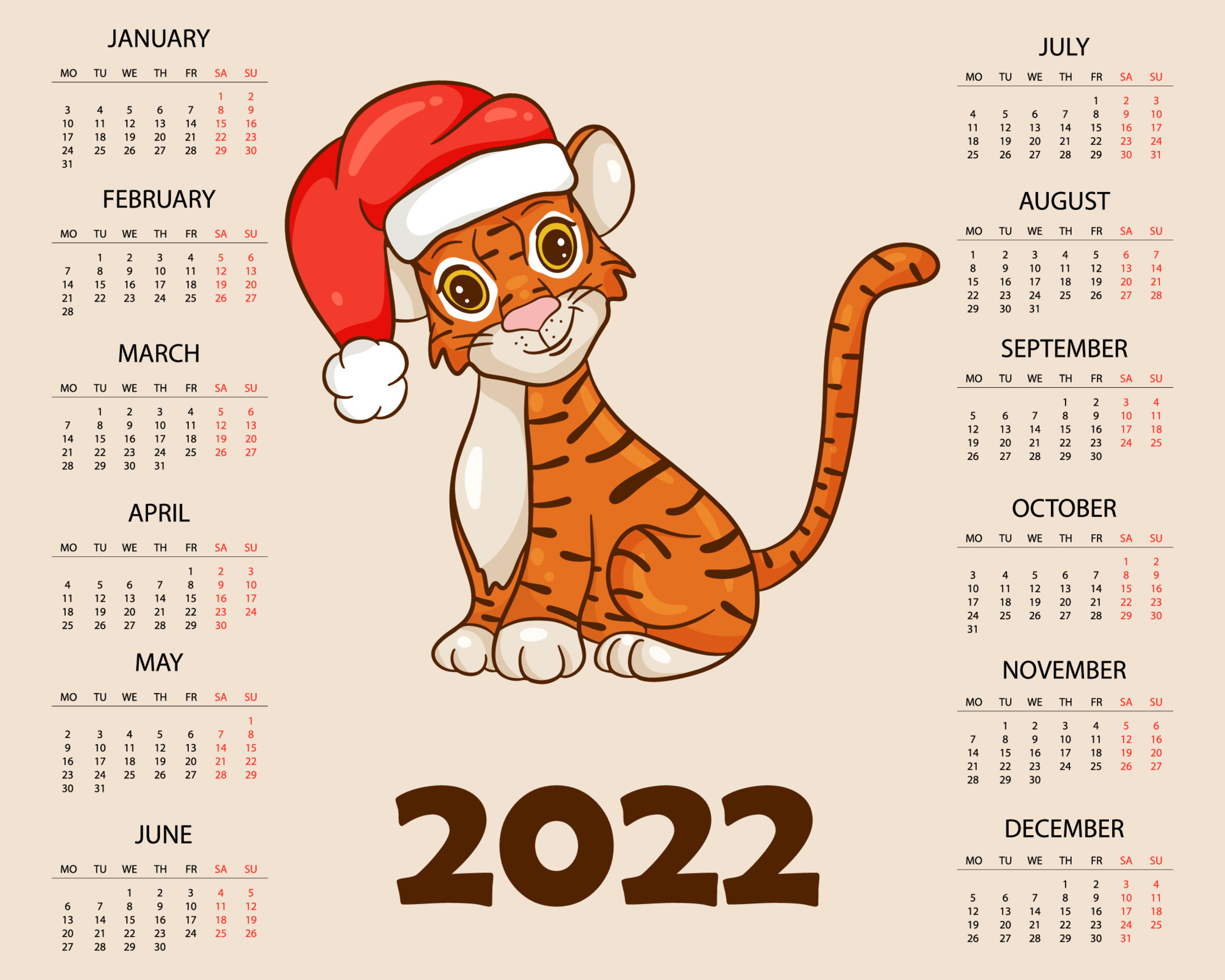 plantilla de diseño de calendario para 2022, el año del tigre según el calendario  chino o oriental, con una ilustración del tigre. tabla horizontal con  calendario para 2022. vector 3598272 Vector en Vecteezy