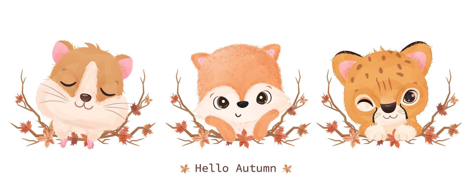 linda ilustración de animalitos para decoración de otoño vector