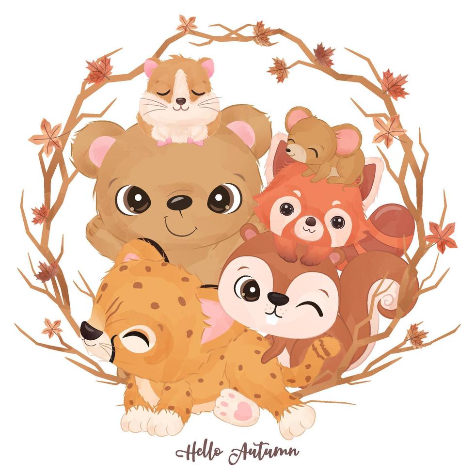 linda ilustración de animalitos para decoración de otoño vector