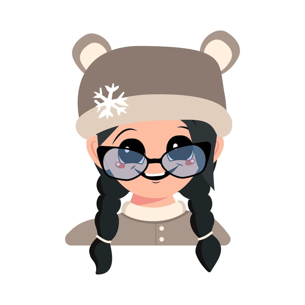 Girl with big eyes with glasses and wide smile and black hair in bear hat with snowflake. Cute child with happy expression in winter headdress. Head of adorable kid with emotions vector