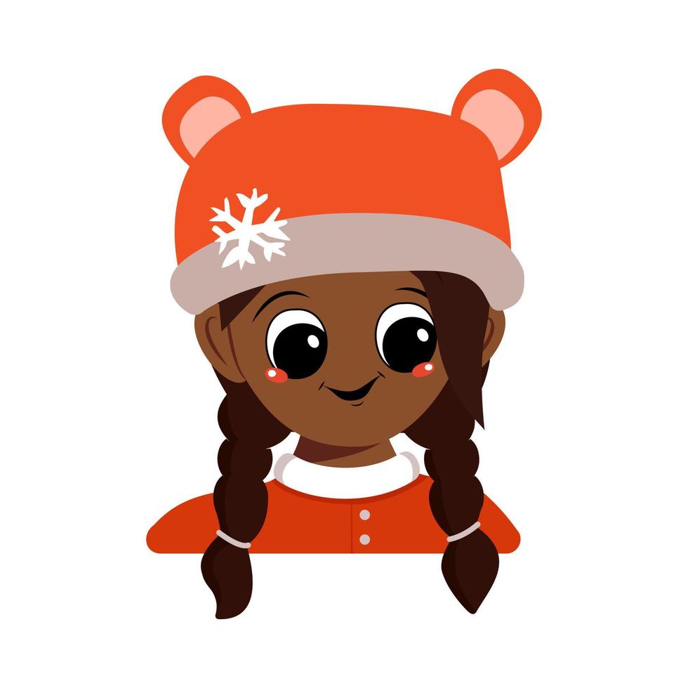 Girl with big eyes and a wide smile of African American or Latin nationality in bear hat with snowflake. Cute baby with happy face in winter headdress. Head of adorable child with emotions vector
