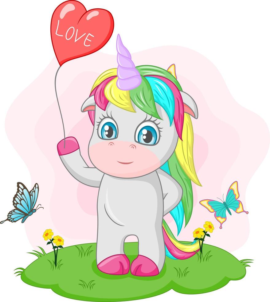 lindo bebé unicornio sosteniendo un globo de corazón rojo en la hierba vector