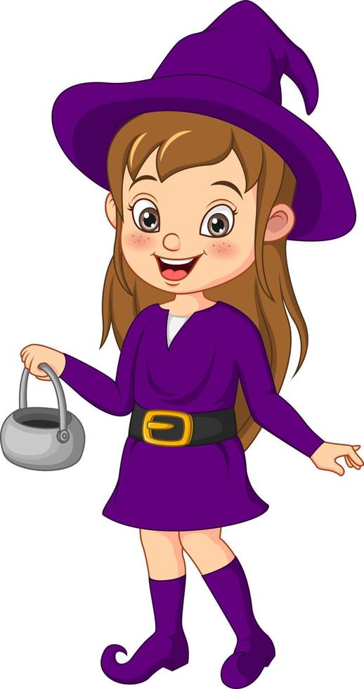 Cartoon witch girl wearing in purple dress and hat vector