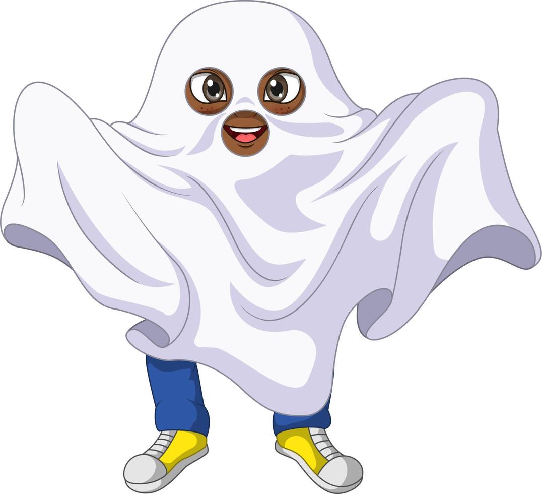 Cartoon kid wearing in a ghost costume vector