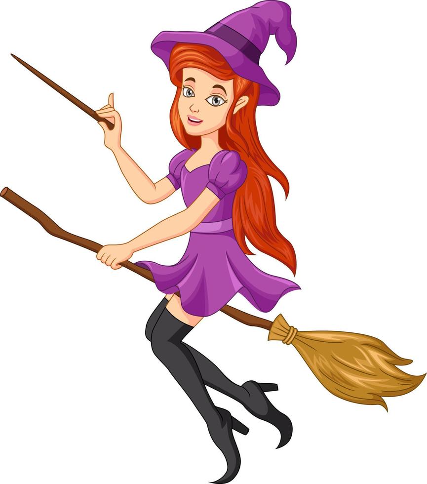 Cartoon Halloween witch girl flying on broom vector